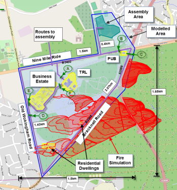 An area in Bracknell which was affected by a real fire on May 02, 2011 simulated in urbanEXODUS. The fire extent shown here is the simulated fire having a greater extent than the actual fire.