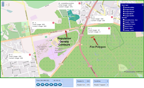 A snapshot of the Bracknell area simulation at 30 minutes showing the progress of evacuation while the simulated fire has just started.