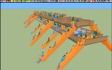 vrEXODUS representation of an airEXODUS simulation of evacuation from a hypothetical double deck aircraft using all available exits. The model includes 580 passengers and the aircraft has nine pairs of Type A exits, four on the upper deck and five on the lower deck.